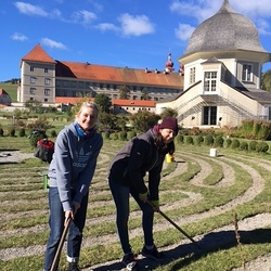 15 Schüler*innen des Bischöflichen Gymnasiums Graz haben im Stift St. Lambrecht das Feuerelement im Stiftsgarten Domenico wieder sichtbar gemacht, das Cafe Paul sowie das Gewächshaus ausgemalt und gemeinsam mit Forstarbeiter Albert die Bäume gleichge